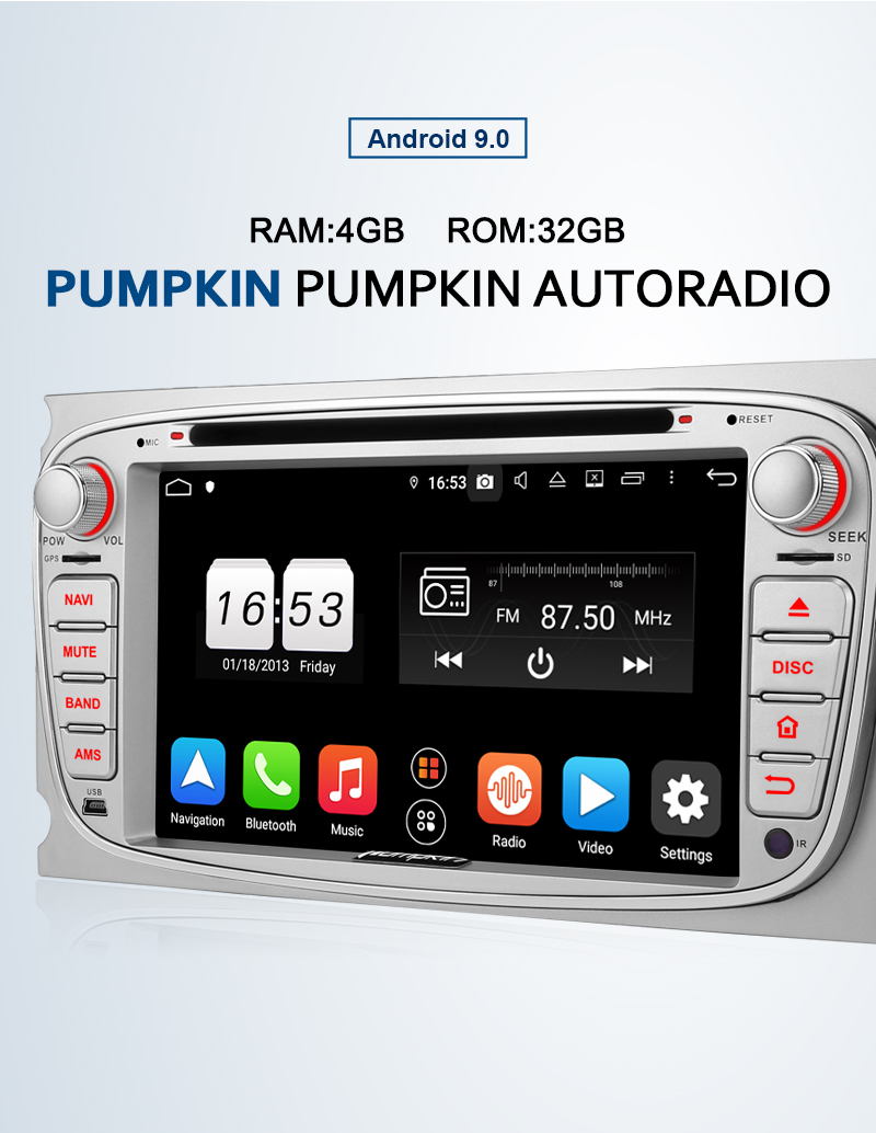 Pumpkin Android 9.0 Autoradio 4GB 32GB GPS Navi für Ford