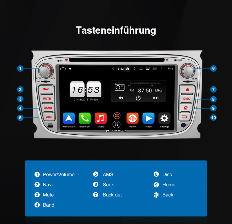 Pumpkin Android 9.0 Autoradio 4GB 32GB GPS Navi für Ford